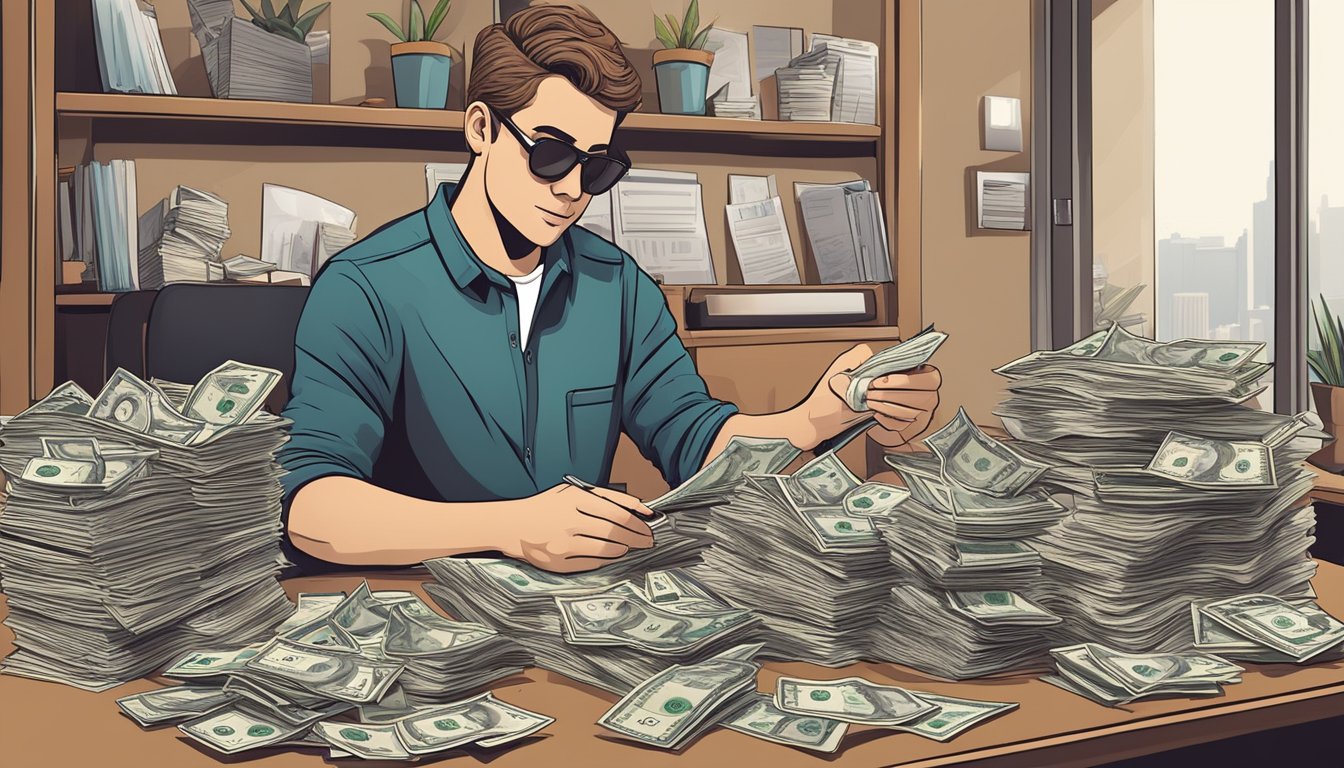 A musician counting money from a stack of royalty checks while surrounded by a cluttered desk of contracts and tour financial documents